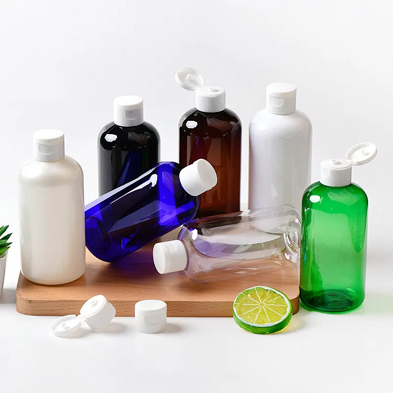 

100 шт., 250 мл, 8 унций, пустая короткая и толстая бостонская круглая пластиковая прозрачная белая синяя бутылка для шампуня из ПЭТ с откидной крышкой