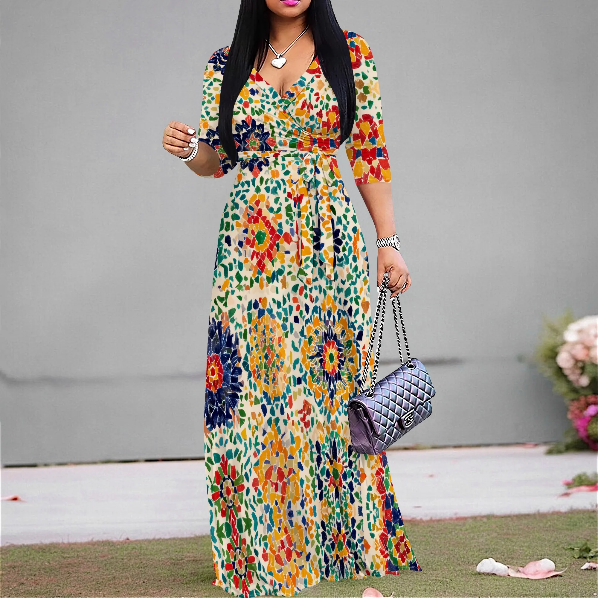 

Women's Plus Size V-Neck Wrap Maxi Dress Colorful Abstract Floral Print 3/4 Sleeve Boho Summer Vacation Party Dress XS-3XL.
