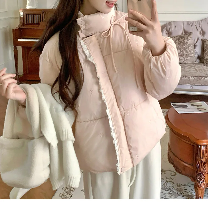 Sweet Pink Bow Stand Collar Puffer Jacket Women Korean Lace Spliced Thick Outerwear Students Winter Warm Cropped Cotton Jackets