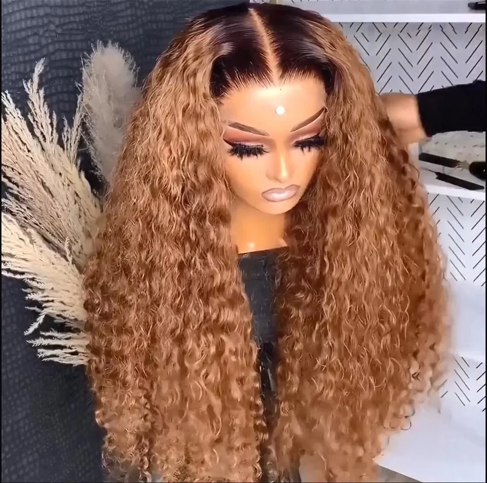 Soft Glueless Long Kinky Curly 180Density Ombre Brown 26inch Deep Lace Front Wig For Women With Baby Hair Preplucked Daily