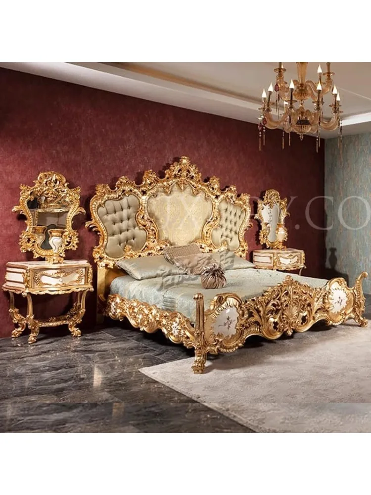 Luxury Gold Foil Bed European-Style Solid Wood Fabric Bed Italy French Court Villa Master Bedroom High-End Princess Double Bed