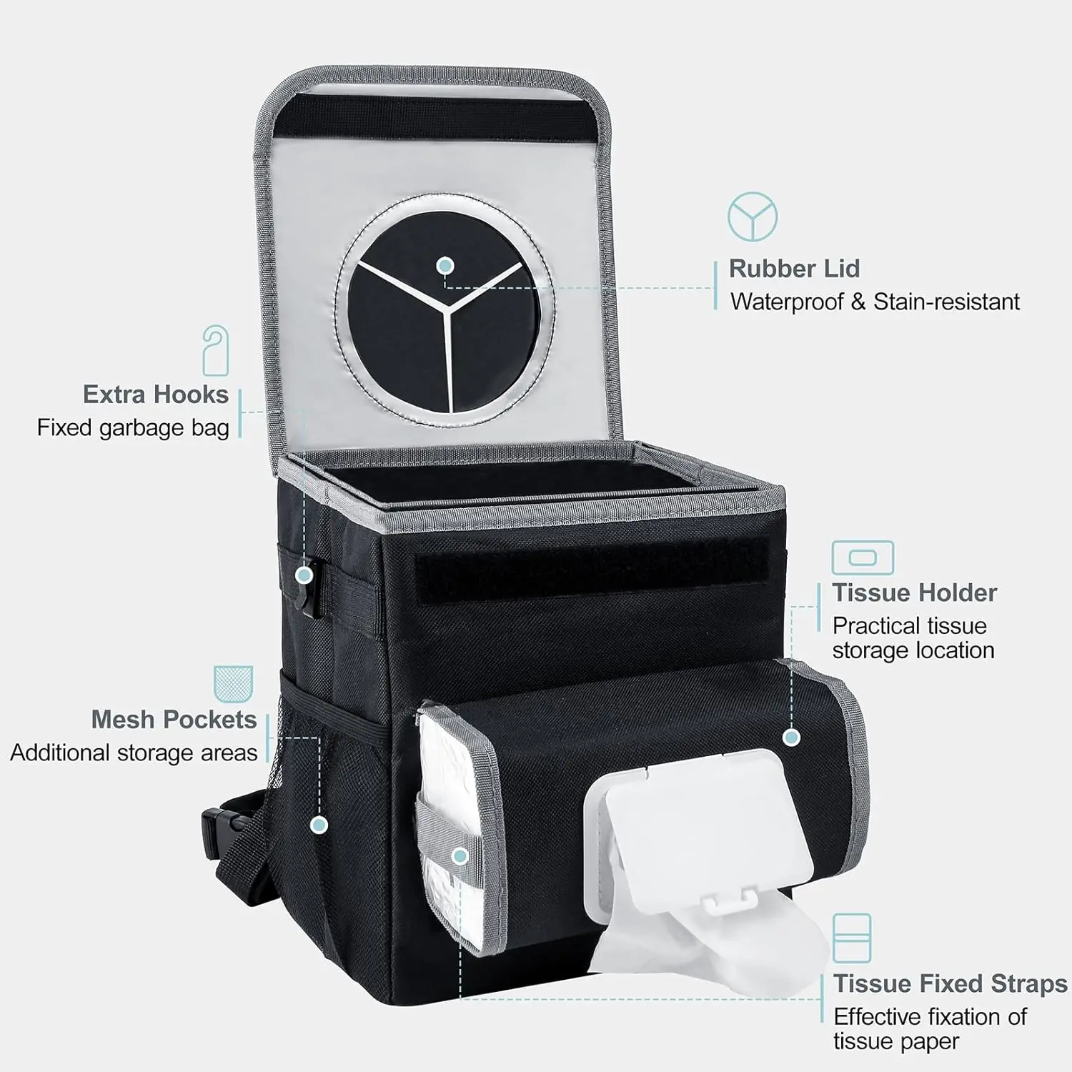 سلة مهملات السيارة مع بطانة مانعة للتسرب وحامل مناديل، 2 جالون، أسود