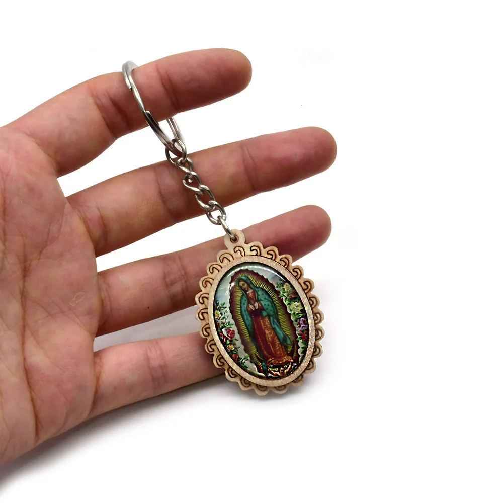 Guadalupe Key Chain Wood ellipse Icon Picture Key Ring For Men Women