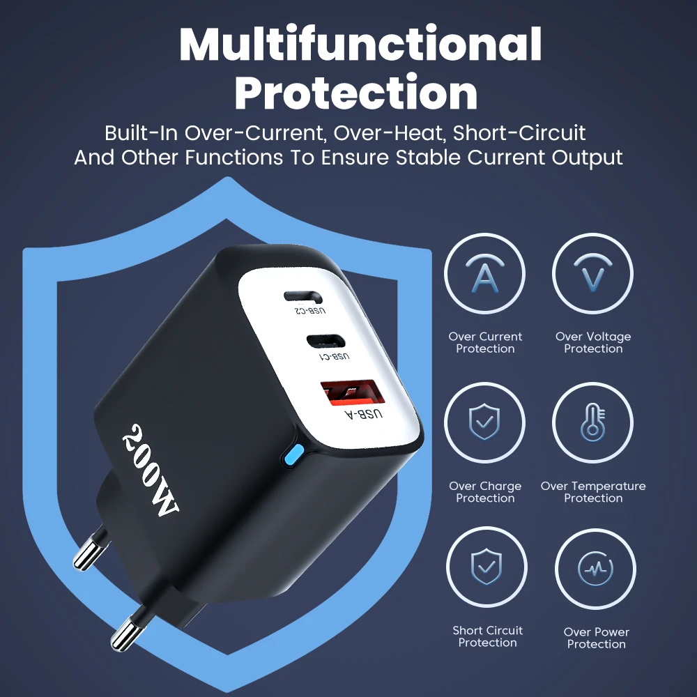 200w Schnell ladegerät 3 Anschlüsse Typ C Ladegerät QC 3,0 USB Wand ladegerät Adapter für Samsung Xiaomi 66W Typ C Kurz kabel für iPhone 15 16