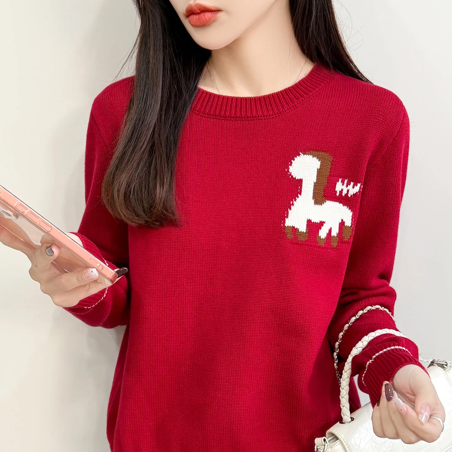 

Новогодний красный вязаный свитер с мультяшным принтом, 100% хлопок, свободный крой, женский базовый слой, утягивающий топ с длинными рукавами