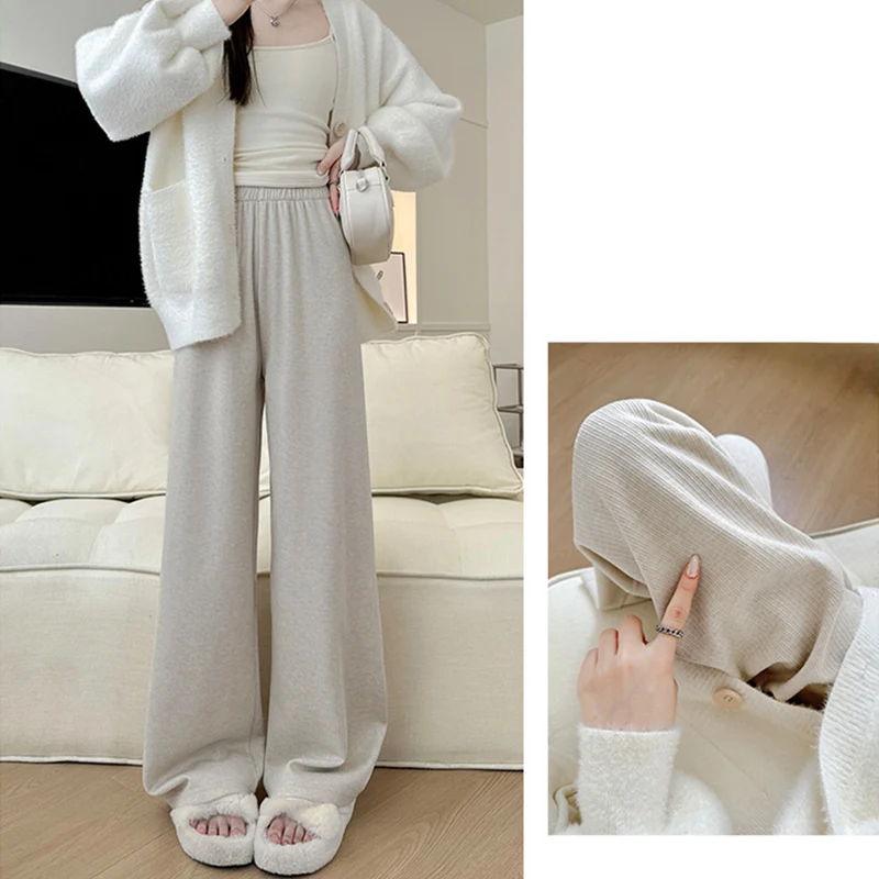 กางเกงไหมพรมถักนุ่มสบายสไตล์ลำลองสำหรับผู้หญิง ใส่ได้ทุกโอกาส ทรงตรงหลวม เรียบง่าย เหมาะกับฤดูใบไม้ร่วงและฤดูหนาว