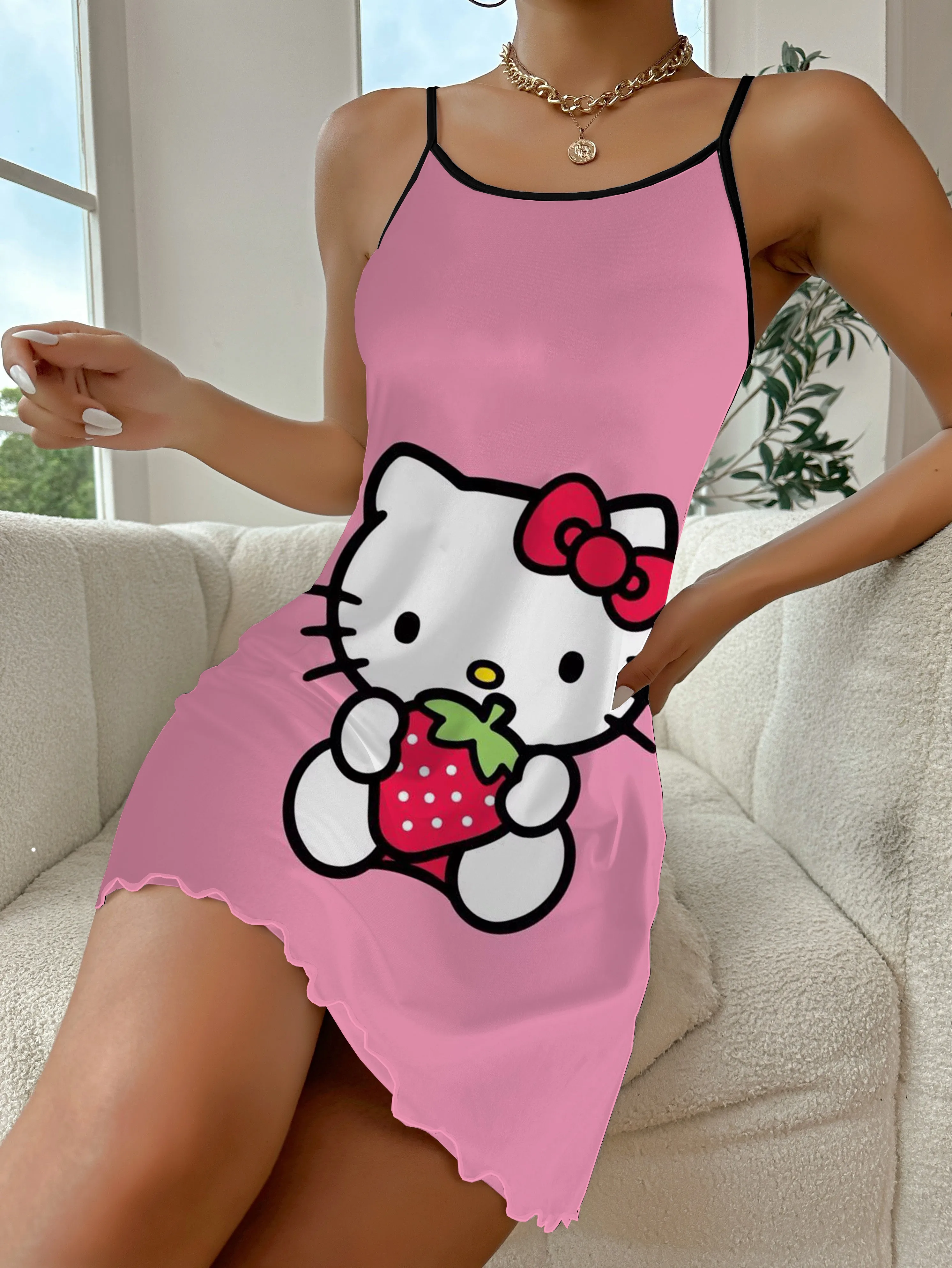 Home Dress Crew Neck Hello Kitty Elegant Dresses for Women Satin Surface Pajama Skirt Lettuce Trim Fashion Summer 2024 Chic Mini