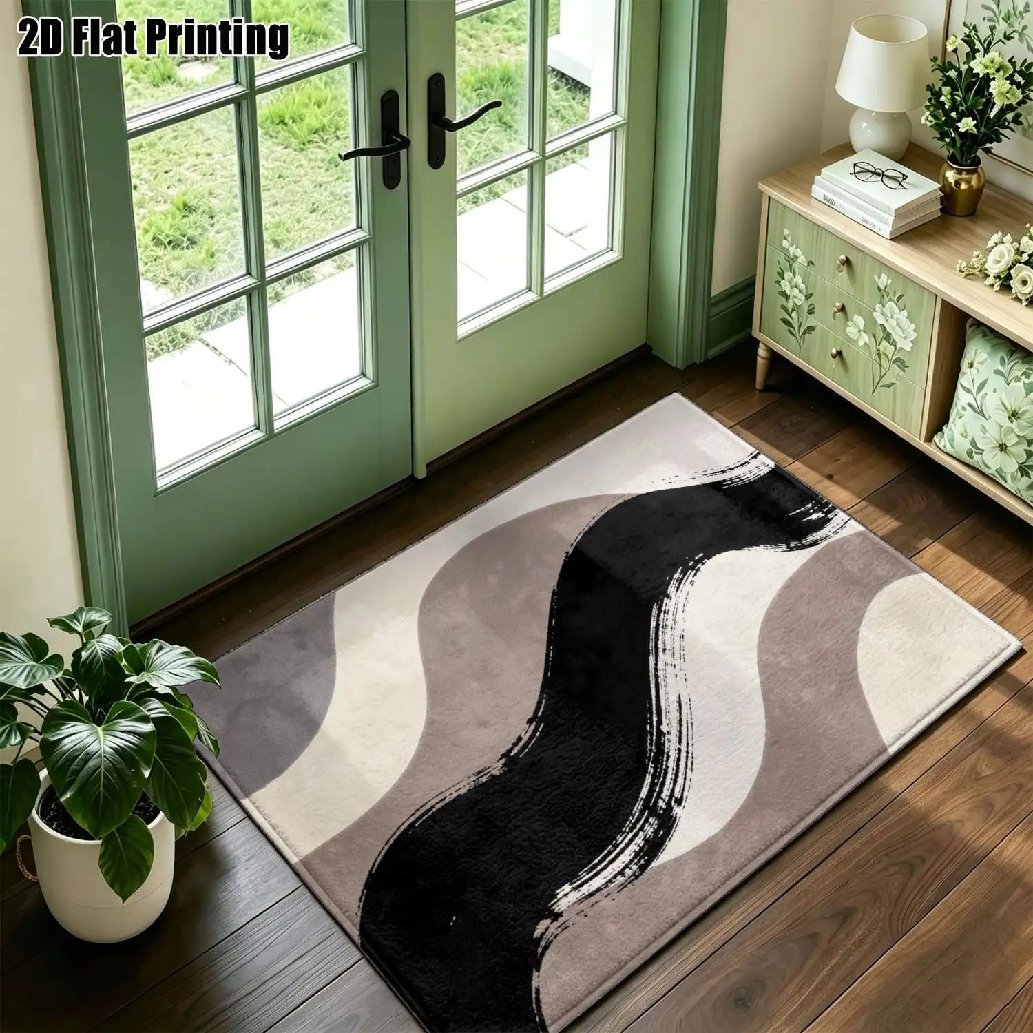 1Pc 2D Printed Black Gray Abstract Art Nordic Modern Minimalist Geometric Striped Carpet, Machine Washable, Multi-Size, Suitable for Home Decor, Entrance, Dining, Foyer, Bedroom, Living Room