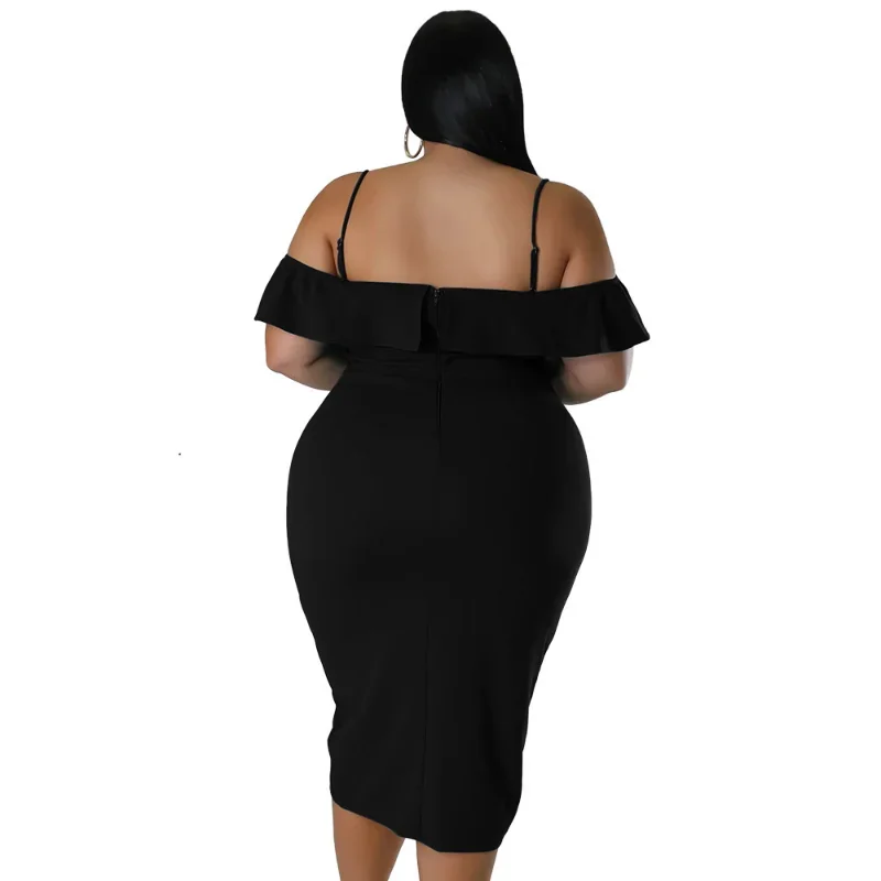 WSFEC L-4XL vestidos para mujer 2024 nueva primavera verano ropa de talla grande Halter volantes ceñido al cuerpo vestido negro de talla grande para mujer