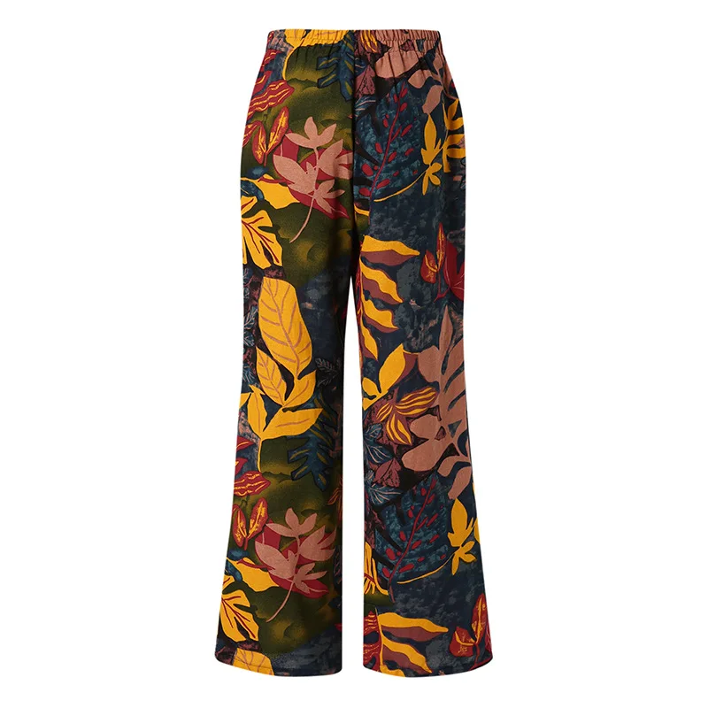 2023 New Summer Fashion Casual Simple Comfortable Elastic Waist Cotton Hemp Large Size Printed High Waist Wide Leg Pants