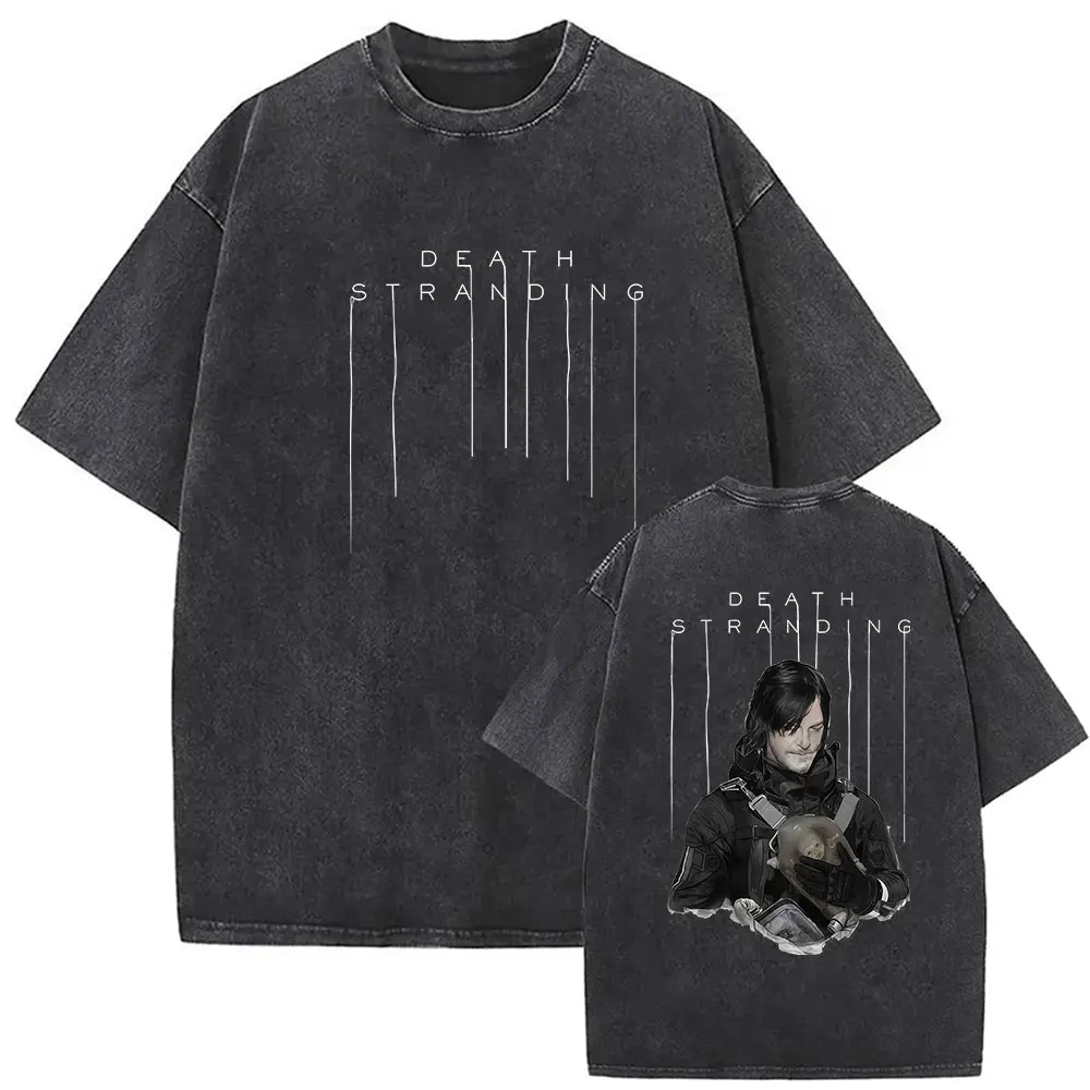 Game Death Stranding 2 Vintage Washed T Shirt Men's Player Fans Clothing Short Sleeve T-shirt Unisex High Quality Cotton Tshirts