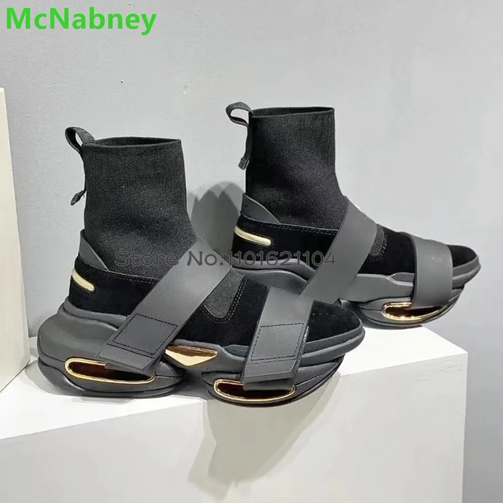 Black Thick Sole Luxury Short Boots For Female Women Round Toe Slip-on Ankle High Elastic Opening Fashion Outside Sport Shoes