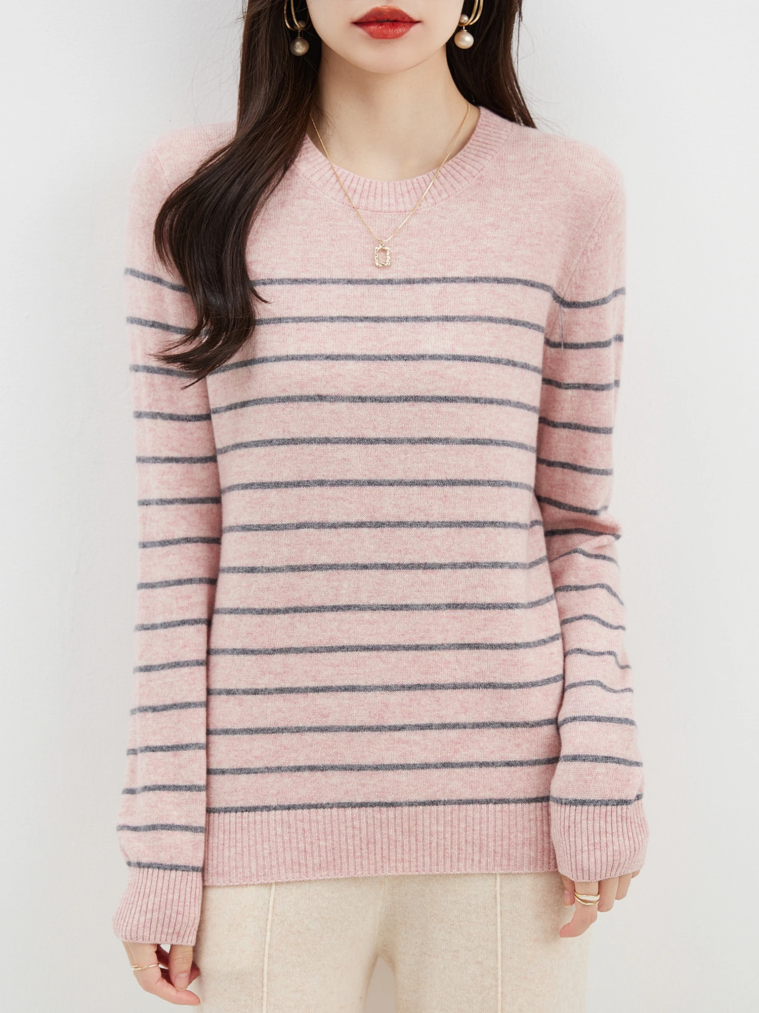 EU Size Women's Sweater 100% Merino Wool Crewneck Sweater 2023 Fall Winter Warm Tops Long Sleeve Striped Casual Knitted Pullover