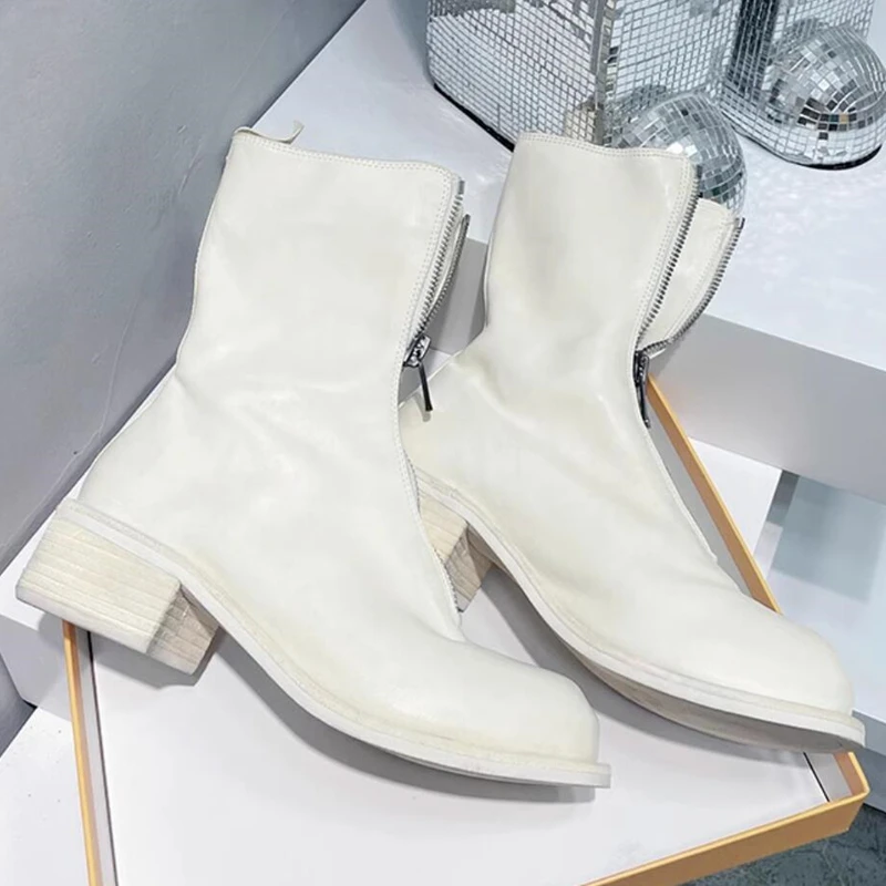 Luxury Fashion Men Chelsea Boots Genuine Leather Thick Sole Street Youth Fashion Shoes Front Zipper Ankle Motorcycle Boots