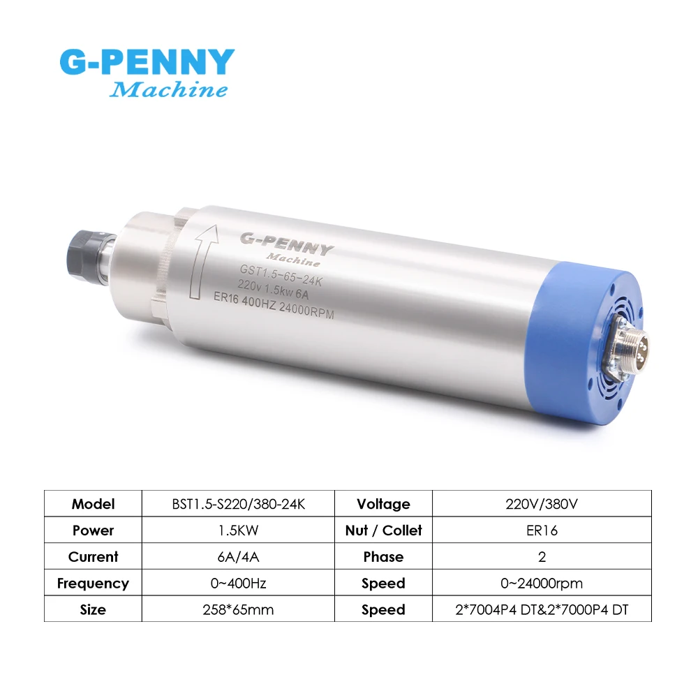 G-PENNY 1.5kw ER16 D=65mm 400Hz Air cooled spindle 4pcs bearings 24000rpm wood working spindle motor 65x258mm air cooling