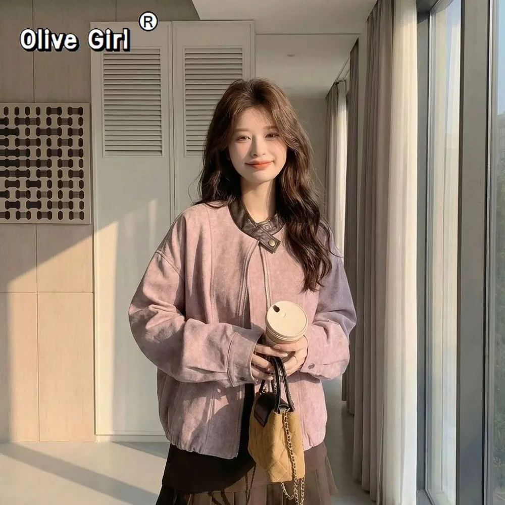 Olivegirl Women's Jacket Outerwear Purple Patchwork Spring Autumn Coat Sweet Cool Loose Casual Top PU Clothing Student College