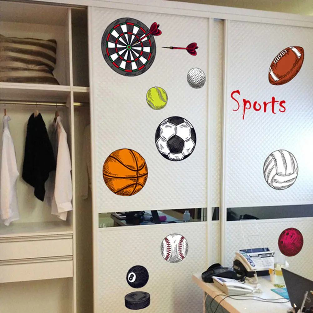 2Sheets 50x70cm Sports Theme Removable Wall Stickers for Kids Room Bedroom Living Room Bathroom Decor Basketball Rugby Football