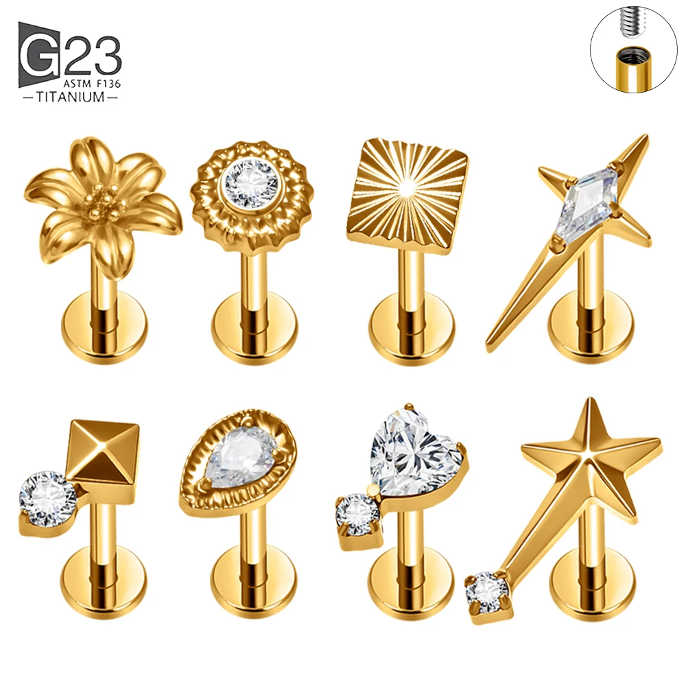 ASTM F136 Titanium Internally Threaded Labret Stud CZ Flower Star Lip Piercing Ear Cartilage Helix Tragus Body Piercing Jewelry