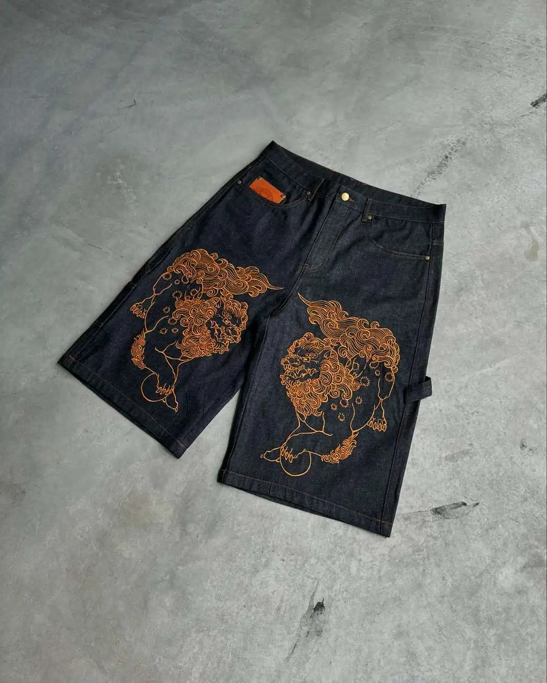 Harajuku vintage baggy denim shorts men y2k sweatpants motorcycle lion pattern hip hop streetwear men women basketball shorts