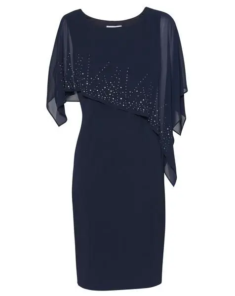 Customized Dark Navy Blue Cocktail Dress with Beaded Chiffon Capelet for Mother of the Bride Dresses For Wedding Formal