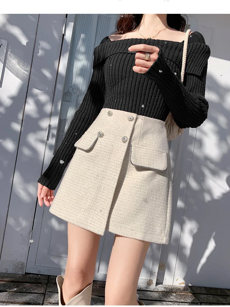 SMTHMA Beige Black Skirts For Women 2024 Faldas Mujer De Moda Vintage Tweed Vintage Jupe Vintage Korean Saia A-Line Mini Skirt