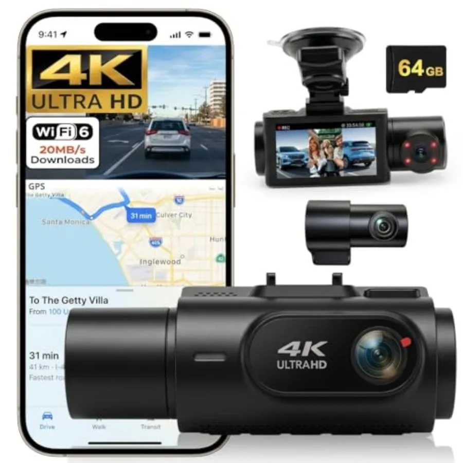 

Dash Cam for Car Use, ABS Plastic, Black, 3-Channel 4K+2K+2K Recording with 170 Ultra Wide Angle, Pro Night Vision, 5GHz WiFi,