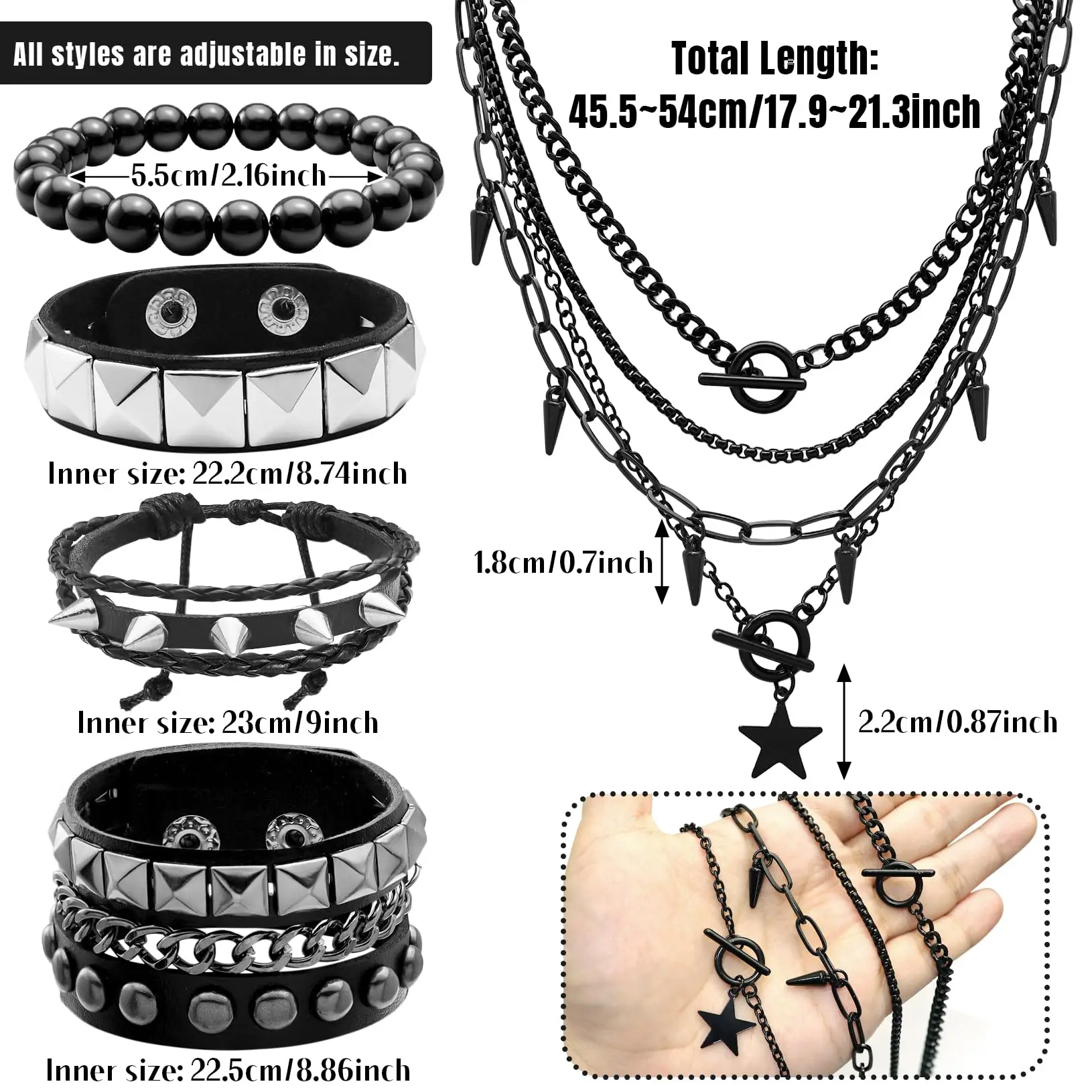 Layered Star Goth Necklace & Emo Studded Bracelets Set, Unisex