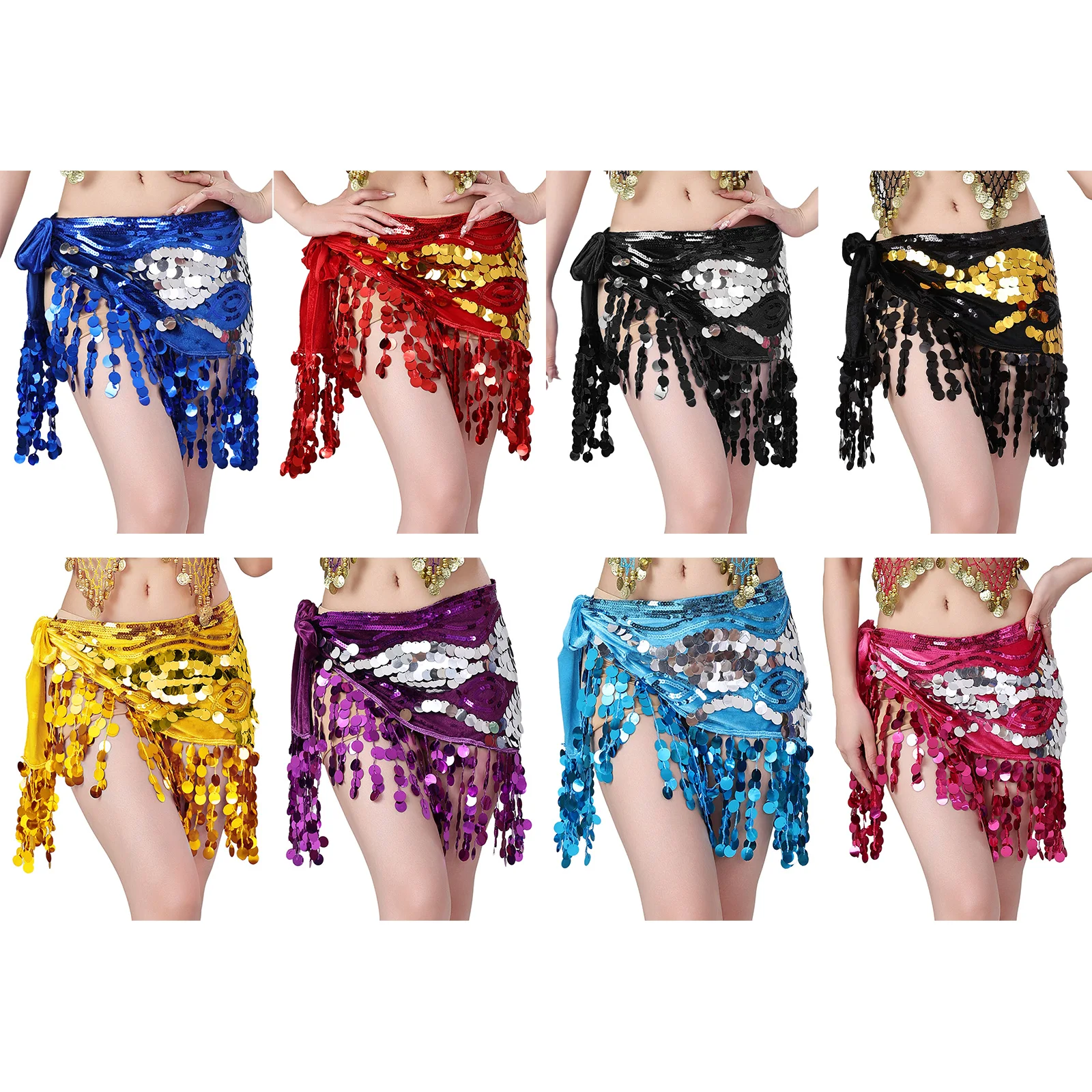 Femmes danse du ventre hanche écharpe jupes paillettes scintillantes gland à lacets taille jupe hanche enveloppement Blleydance Costume pour l'entraînement sur scène