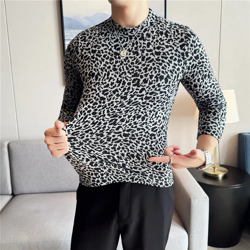 High Stretch Printing T-shirt Long Sleeved 2024 Autumn New Semi High Neck Fashionable Slim Fit Leopard Print Tee Men Clothing