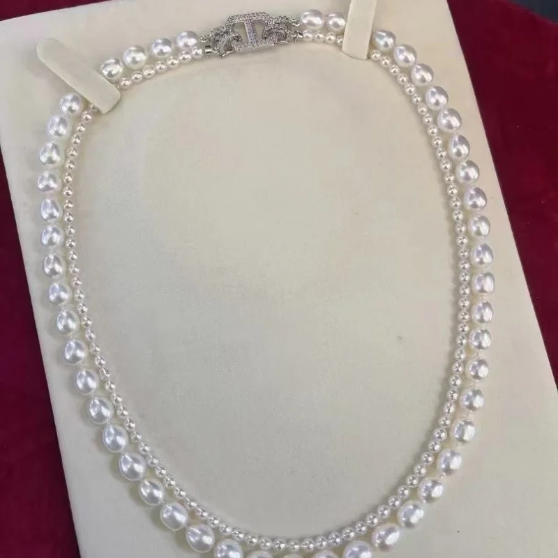 

SGARlT French Vintage Double Layer Rice Pearl Chain 925 Sterling Silver Natural Freshwater Pearl Necklace for Women Jewelry