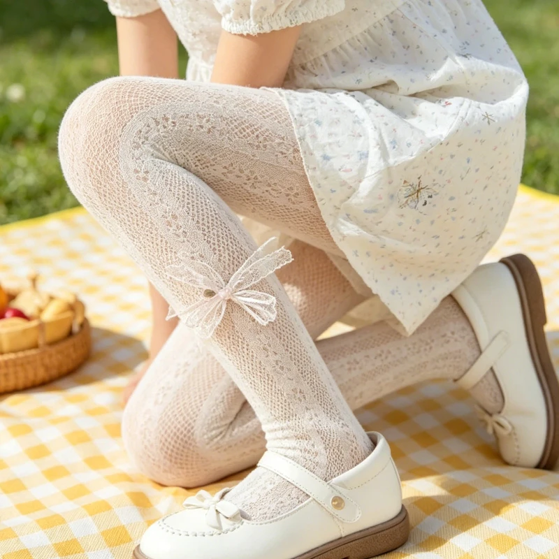 Fashion Children Stylish Mesh Tights Lovely Cat Medal Decor Lace Twin Bow Design Stretchy Light Breathable Girls Footed Hosiery