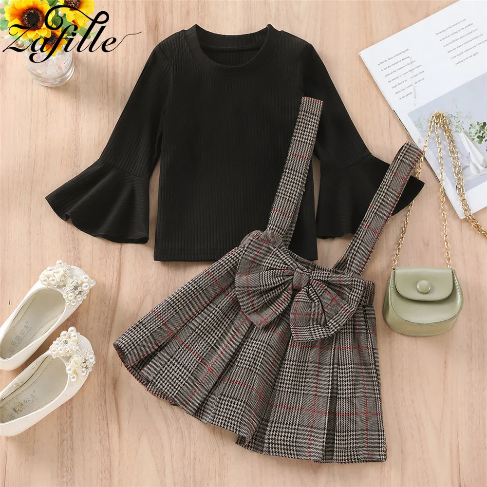 

ZAFILLE 1-7Y Spring Autumn Toddler Girls Clothes Set Flare Sleeve Top+Bow Strap Skirt Children Girls Outwear Lovely Baby Suits