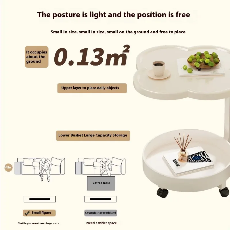 Modern Cream Style Movable Sofa Side Table Wheeled Coffee Table Trolley Storage Rack Small Plastic Bedside Table Set for Balcony