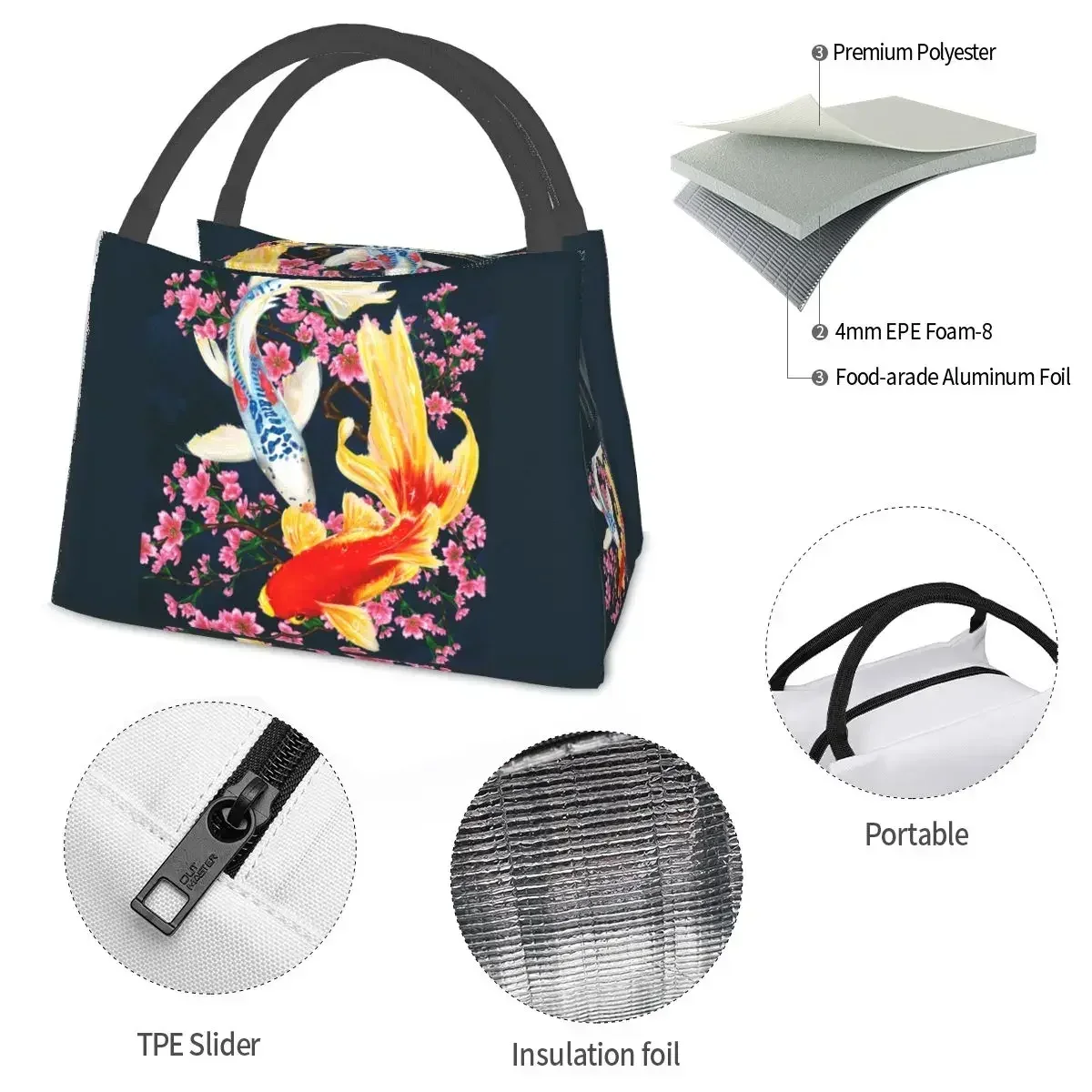 Koi Fish Animation Lunch Bag, Lancheira de moda japonesa, Bolsas Térmica Portátil Escolar, Designer Cooler Bag