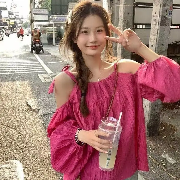 

Женский топ Sweet oulder Bared Long Sve irt 2025 New Sle, повседневный свободный крой и защитой от ультрафиолета