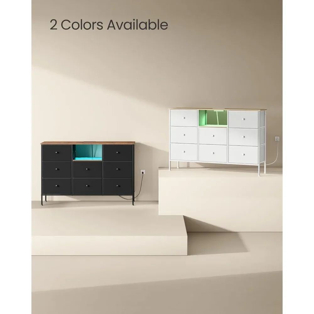 Cômoda para quarto, cômoda de tecido com tomadas de energia e luzes LED, suporte de TV para TVs de até 60 polegadas, 25 cores, 11,8x47,2x31,3 polegadas