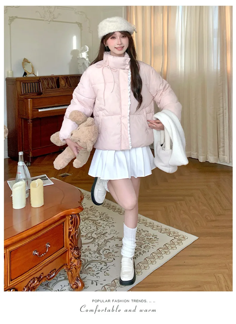 Sweet Pink Bow Stand Collar Puffer Jacket Women Korean Lace Spliced Thick Outerwear Students Winter Warm Cropped Cotton Jackets