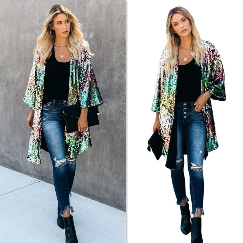 

Women Sequin Jacket Mid Lenth Coat Round Collar Three Quarter Sleeve Open Stitch Loose Oversize Casual Streetwear 2025 Summer