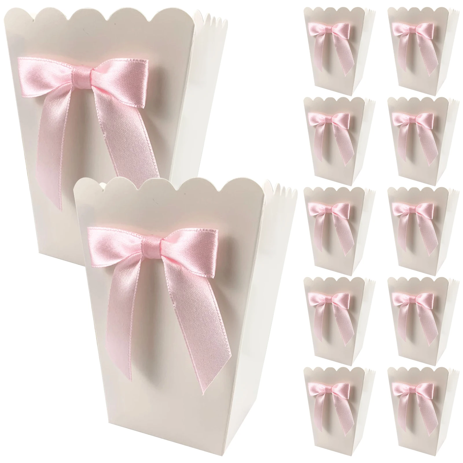 

12pcs Bow White Popcorn Boxes Candy Snack Printing Treat Box Decoration Container Birthday Showers Wedding Party Favors Sup