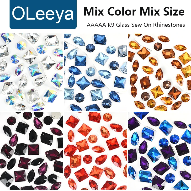 

OLeeya AAAAA Quality K9 Glass Sewing Accessories Stones Mix Size Mix Color Flat Back Sew On Rhinestones For Garment Craft Making