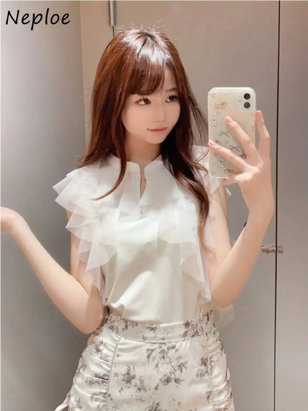 

BabYoung Summer New Stand Collar Butterfly Sleeve Ropa Mujer All-Match Sweet Elegant Ruffles Shirt Japan Fresh Voile Chiffon Top