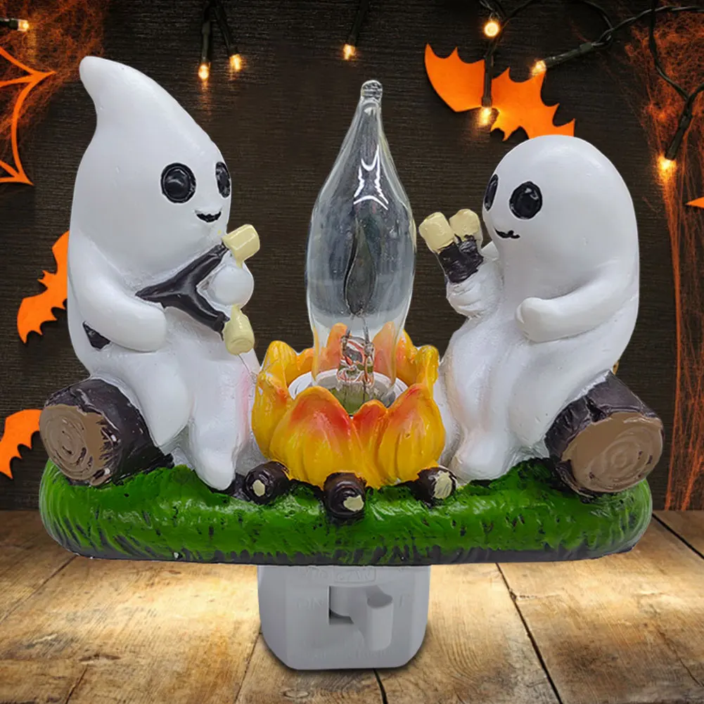 2024 Ghost Campfire Flickering Nightlight Halloween Ghost Roasting Campfires Spooky Fire Marshmallow Night Light Halloween Decor