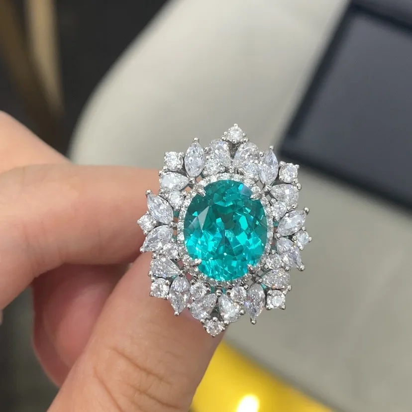 

100% стерлинговое серебро 925 пробы, лабораторный сапфир, параиба, высокоуглеродистый бриллиант, драгоценный камень, свадебное обручальное кольцо, ювелирные изделия