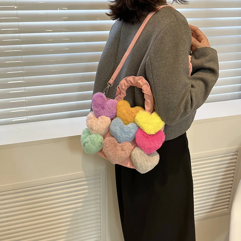 Fur Heart Shoulder Bags For Women Winter Denim Crossbody Bags Cute Pleated Top Handle Tote Bag Korean Jeans Female Handbags Y2K