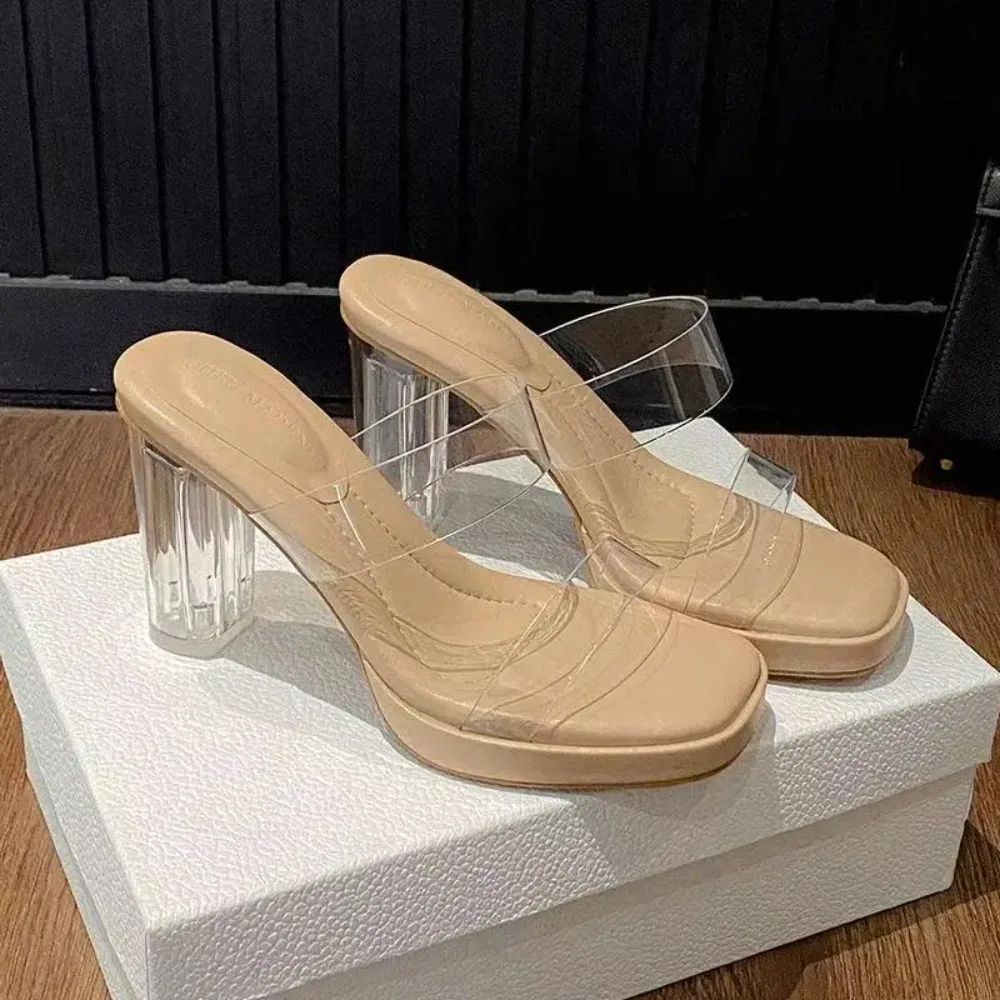 Women's High Heel Sandals 2026 Crystal Heel New Waterproof Platform Thick Transparent Summer Block Heel Versatile Slippers