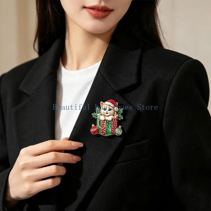 U4LF Festive Brooch Pin Christmas Puss Alloy Corsage Jewelry with Gift Box Front Detail for Coats Scarves Hats and Bags