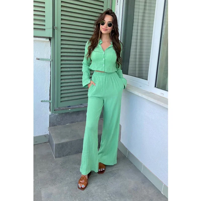 Women Tracksuit Two Pieces Set Long Sleeve Single Breasted Button Solid Color Pockets Wide Leg Pants High Waist High Street