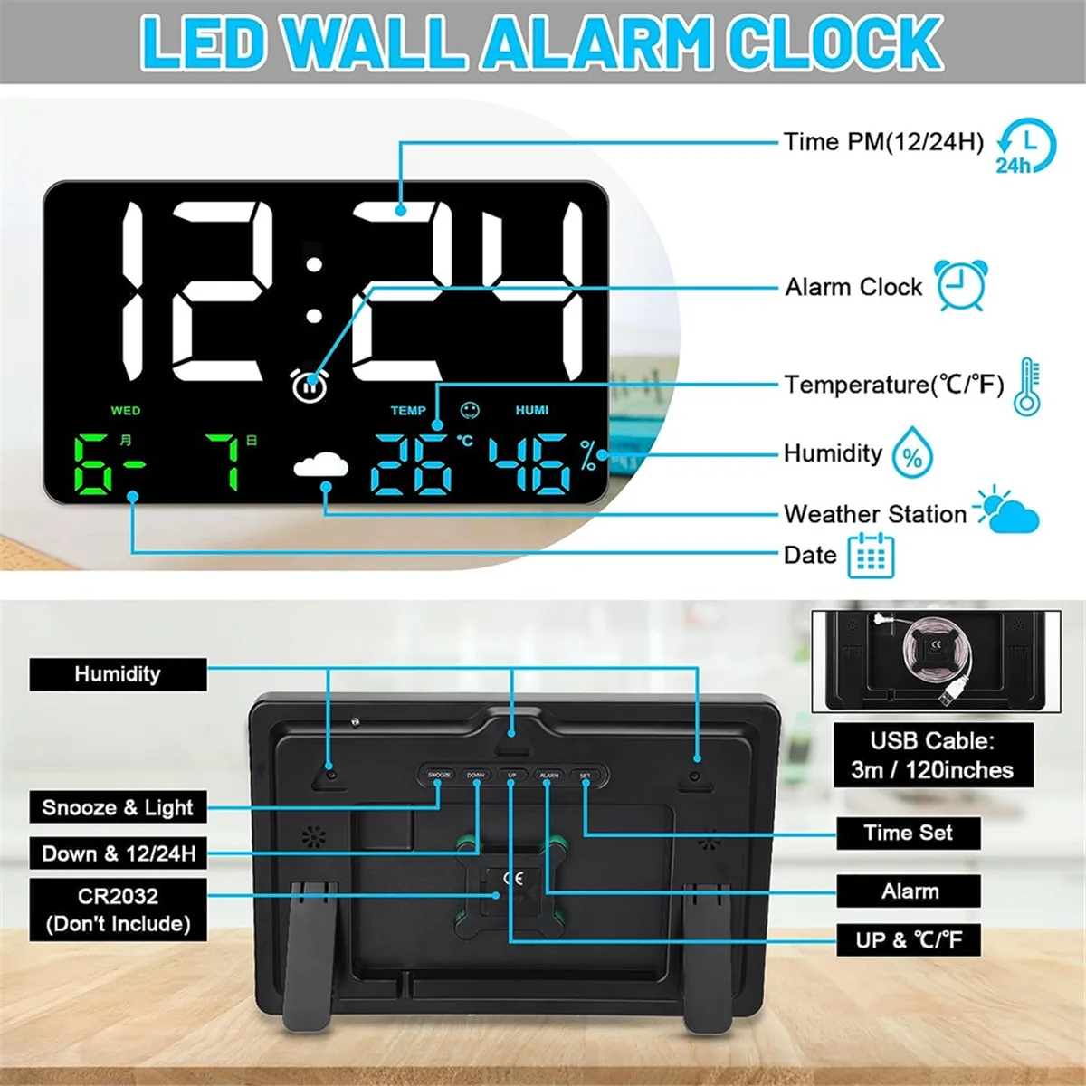 Digitale Wanduhr mit großem Display, 25 cm USB-LED-Digitalwanduhren, Wecker für Schlafzimmer mit Wetterstation