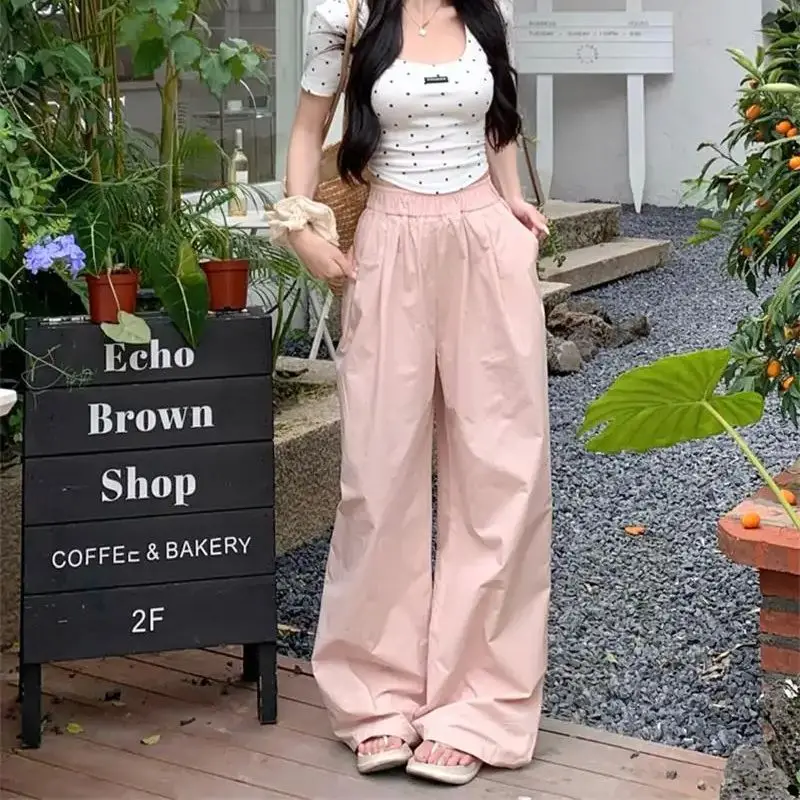 

Lazy style draped pink casual pants for women in summer elastic waist loose high waist straight floor mopping trousers