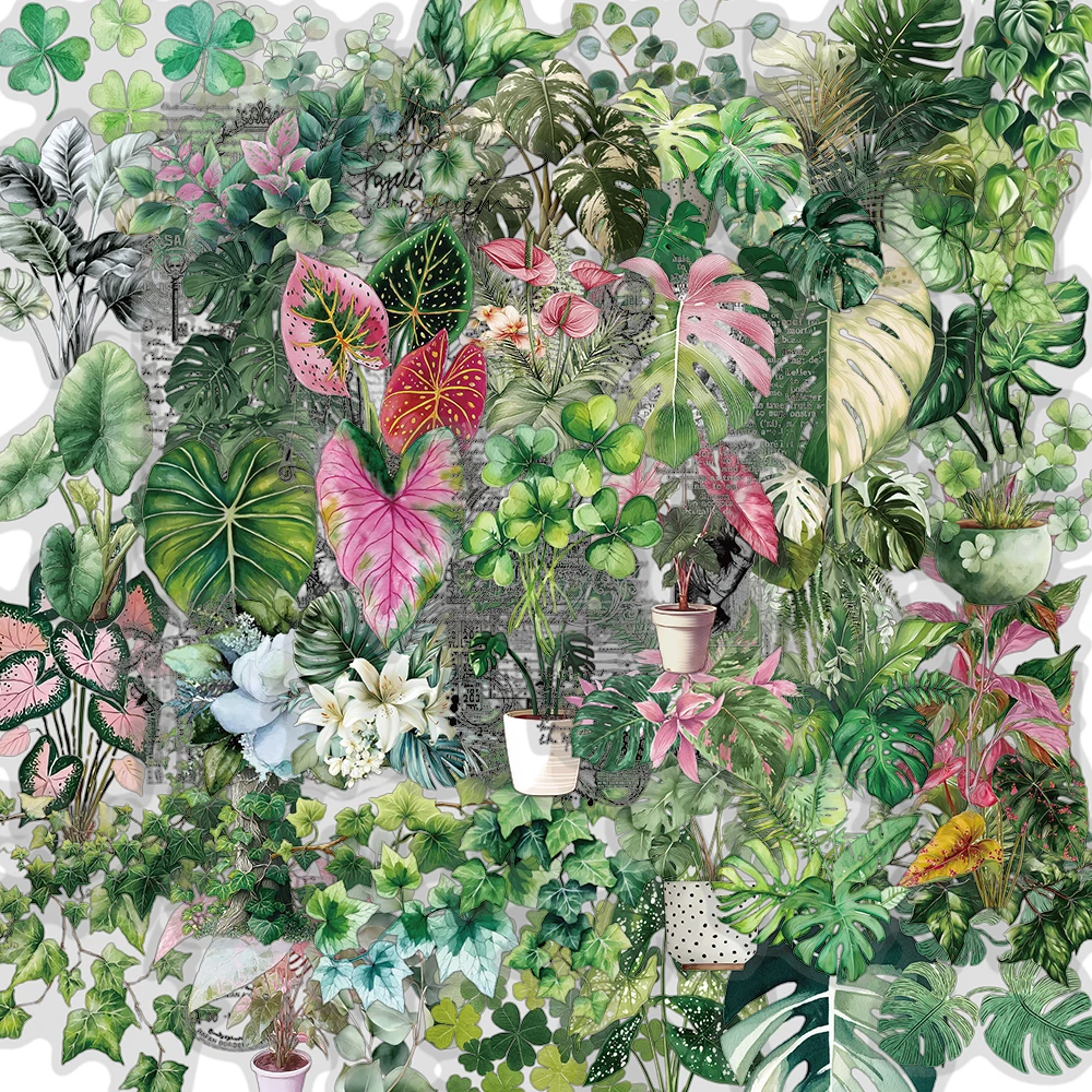 50PCS Green Plant Workshop Print Sticker Nostalgia Home Fridge Water Cup DIY Phone Living Room Luggage Gift Sketchbook Sticker